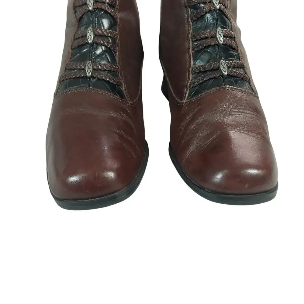 LONDON FOG! ESPRESSO BROWN GENUINE LEATHER, BLACK CROCO TRIM ANKLE BOOTS! 8.5W